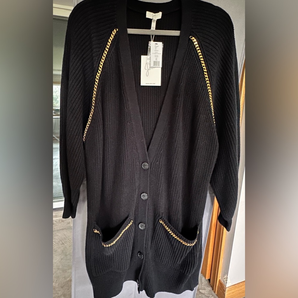 Joie Marleny long cardigan sweater. Black w/gold chain accents. XL.